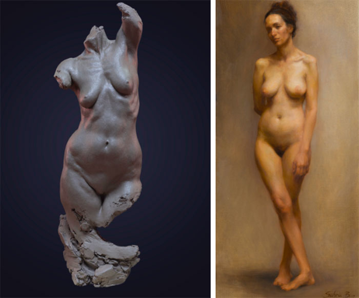 Anna-Lena Caecilia, Life size torso in finished clay (left); Sahra Becherer, Long pose in oil (right)