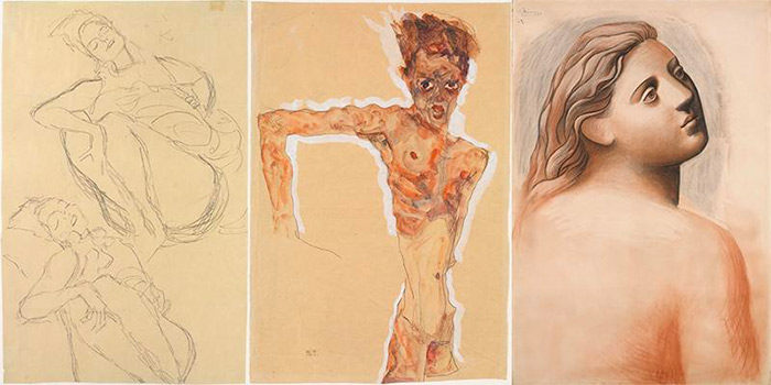 Gustav Klimt, (Austrian, 1862-1918). Two Studies for a Crouching Woman, 1914–15. Egon Schiele, (Austrian, 1890-1918). Self-Portrait, 1911. Pablo Picasso, (Spanish, 1881-1973). Head of a Woman, 1922