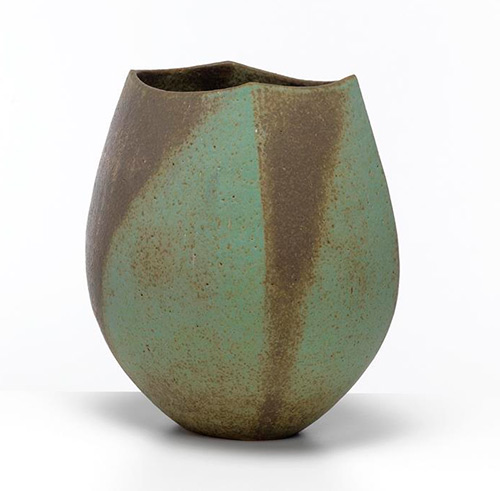 John Ward. Blue, Green and Brown Squared Oval Pot with Brown Water-Painted Design, 1987
