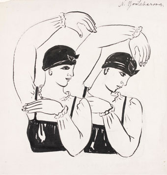 Natalia Goncharova, Two female dancers (half-length). Choreography design for Les Noces c.1923