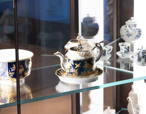 A Chelsea porcelain teapot, circa 1760s; detail of installation taking place in the new British Galleries, opening March 2, 2020